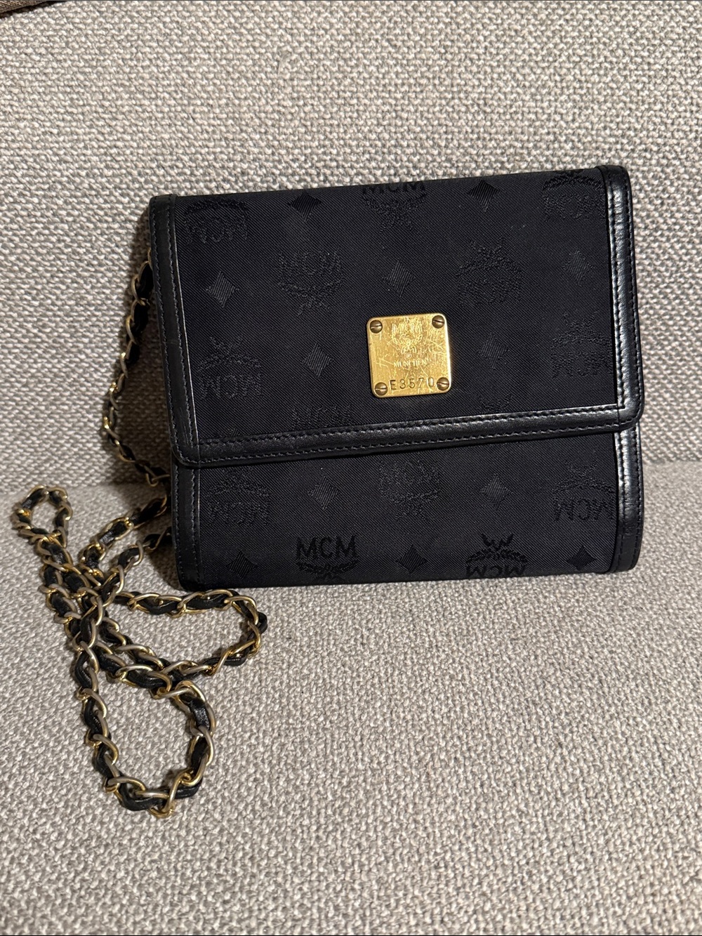 MCM Black Monogram Chain Shoulder Bag Clutch with Gold Plate